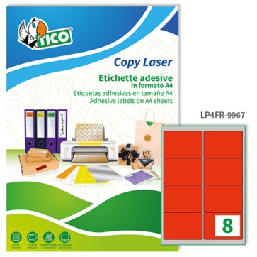 Etichette adesive LP4F - in carta - angoli arrotondati - permanenti - 99,1 x 67,7 mm - 8 et/fg - 70 fogli - rosso fluo - Tico