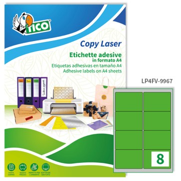 Etichette adesive LP4F - in carta - angoli arrotondati - permanenti - 99,1 x 67,7 mm - 8 et/fg - 70 fogli - verde fluo - Tico