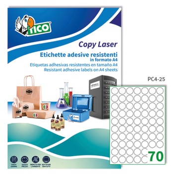 Etichette adesive tonde PC4 - in poliestere - laser - permanenti - diametro 25 mm - 70 et/fg - 100 fogli - trasparente - Tico