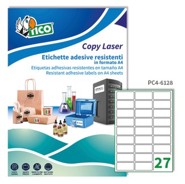 Etichette adesive PC4 - in poliestere - laser - permanenti - 61 x 286 mm - 27 et/fg - 100 fogli - trasparente - Tico