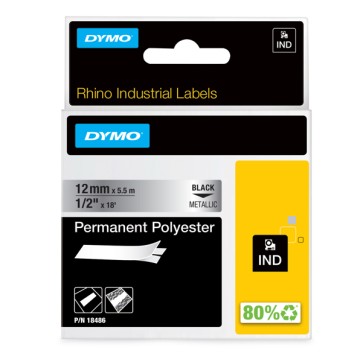 Nastro Rhino 18486 - 12 mm x 5,5 mt - poliestere - permanente - nero/metallo - Dymo