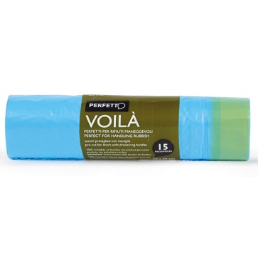 Sacchi per rifiuti con maniglie Voilà - 50x60 cm - 30 L - 15 micron - azzurro - Perfetto - rotolo da 15 sacchetti