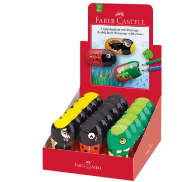 Temperamatite Animals con contenitore - 2 fori - con serbatoio e gomma assortiti - Faber-Castell
