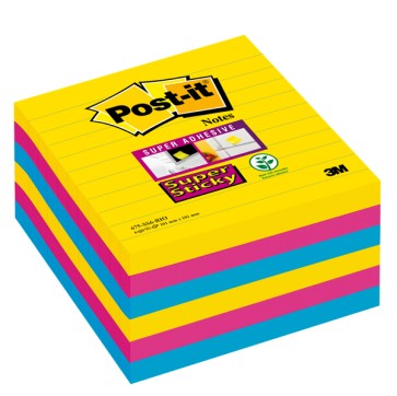 Blocco foglietti Post it  Super Sticky - 675-SS6-RIO - a righe - 101 x 101 mm - colori Rio - 90 fogli - Post it