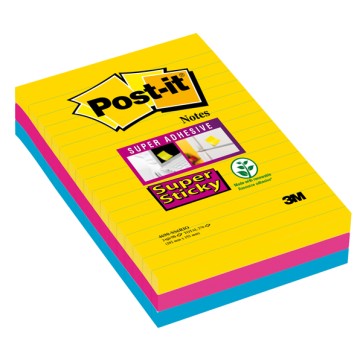 Blocco foglietti Post it  Super Sticky rettangolari - 4690-SS3RIO - a righe - 101 x 152 mm - colori Rio - 90 fogli - Post it