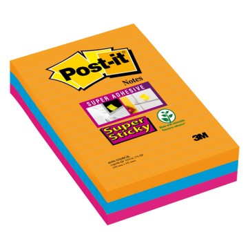 Blocco foglietti Post it  Super Sticky rettangolari - 4690-SS3BGK - a righe - 101 x 152 mm - colori Bangkok - 90 fogli - Post it