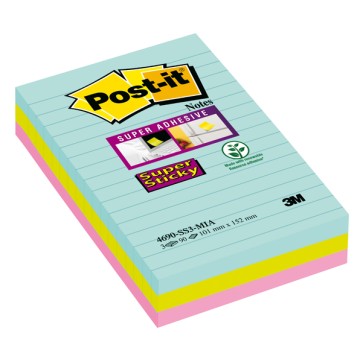 Blocco foglietti Post it  Super Sticky - 4690-SS3MIA - a righe - 101 x 152 mm - colori Miami - 90 fogli - Post it