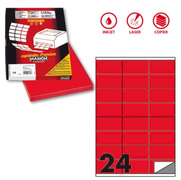 Etichette adesive C/500 - in carta - permanenti - 70 x 36 mm - 24 et/fg - 100 fogli - rosso fluo - Markin