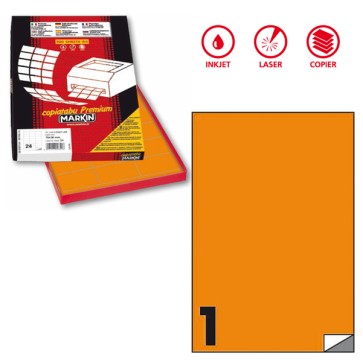 Etichette adesive C/503 - in carta - permanenti - 210 x 297 mm - 1 et/fg - 100 fogli - arancio fluo - Markin