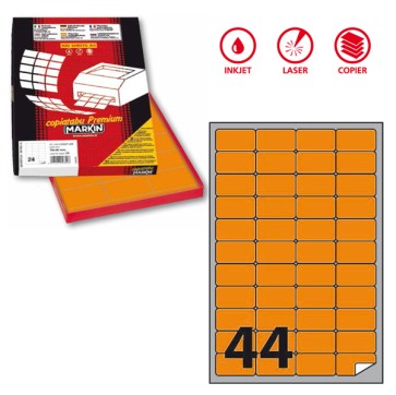 Etichette adesive A/406 - in carta - permanenti - 47,5 x 25,5 mm - 44 et/fg - 100 fogli - arancio fluo - Markin