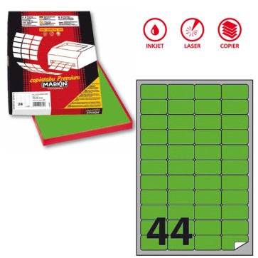 Etichette adesive A/406 - in carta - permanenti - 47,5 x 25,5 mm - 44 et/fg - 100 fogli - verde fluo - Markin
