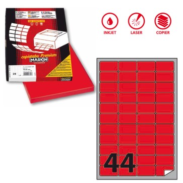 Etichette adesive A/406 - in carta - permanenti - 47,5 x 25,5 mm - 44 et/fg - 100 fogli - rosso fluo - Markin