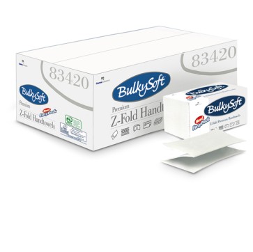 Asciugamani piegati a Z - 2 veli - goffratura micro - 23x24 cm - 20 gr - bianco - BulkySoft - conf. Easypack da 144 pezzi