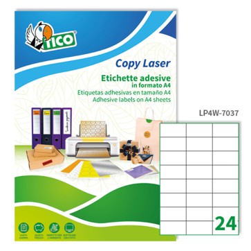 Etichette adesive LP4W - in carta - laser - permanenti - 70 x 37 mm - 24 et/fg - 100 fogli - bianco - Tico