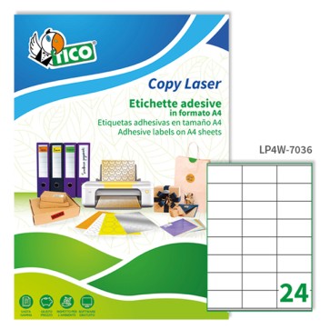 Etichette adesive LP4W - in carta - con margini - laser - permanenti - 70 x 36 mm - 24 et/fg - 100 fogli - bianco - Tico