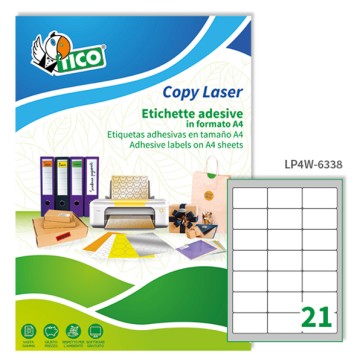 Etichette adesive LP4W - in carta - angoli arrotondati - laser - permanenti - 63,5 x 38,1 mm - 21 et/fg - 100 fogli - bianco - Tico