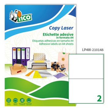Etichette adesive LP4W - in carta - angoli arrotondati - laser - permanenti - 210 x 148 mm - 2 et/fg - 100 fogli - bianco - Tico