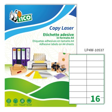 Etichette adesive LP4W - in carta - laser - permanenti - 105 x 37 mm - 16 et/fg - 100 fogli - bianco - Tico