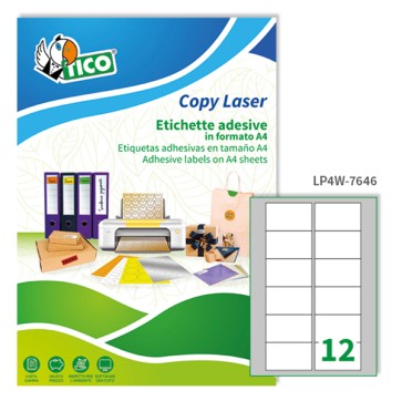 Etichette adesive LP4W - in carta - angoli arrotondati - laser - permanenti - 76,2 x 46,4 mm - 12 et/fg - 100 fogli - bianco - Tico