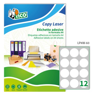 Etichette adesive tonde LP4W - in carta - con margini - laser - permanenti - diametro 60 mm - 12 et/fg - 100 fogli - bianco - Tico