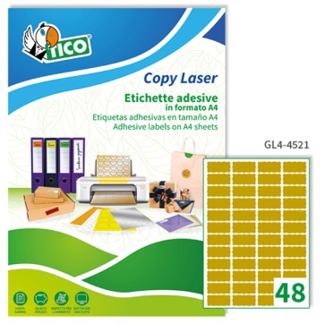 Etichette adesive GL4 - permanenti - sagomata - 45 x 21 mm - 48 et/fg - 100 fogli A4 - satinato oro - Tico