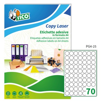 Etichette adesive tonde PG4 - in carta - permanenti - diametro 25 mm - 70 et/fg - 100 fogli - bianco lucida - Tico