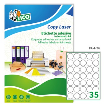 Etichette adesive tonde PG4 - in carta - permanenti - diametro 36 mm - 35 et/fg - 100 fogli - bianco lucido - Tico