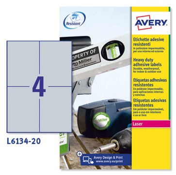 Etichette adesive L6134 - in poliestere - laser - permanenti - 105 x 148 mm - 4 et/fg - 20 fogli - argento - Avery