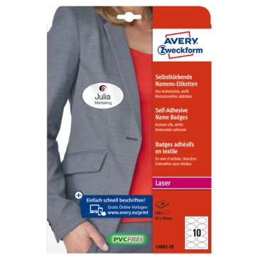 Etichette badge ovali - in seta acetata - laser - rimovibili - 85 x 50 mm - 10 et/fg - 20 fogli - bianco - Avery
