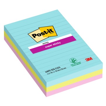 Blocco Post it  Super Sticky - 4690-SS3COS - a righe - 101 x 152 mm - colori Cosmic - 90 fogli - Post it  - conf. 3 pezzi