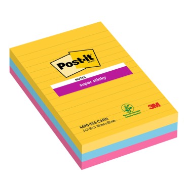 Blocco Post-it Super Sticky - 4690-3SS-CARN - a righe - 101 x 152 mm - colori Carnival - 90 fogli - Post-it - conf. 3 pezzi