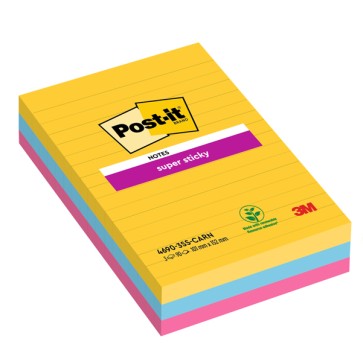 Blocco Post it  Super Sticky - 4690-3SS-CARN - a righe - 101 x 152 mm - colori Carnival - 90 fogli - Post it  - conf. 3 pezzi