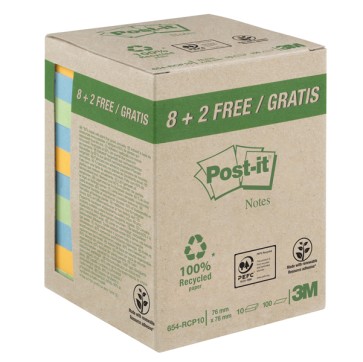 Blocco foglietti Post-it  - 654-RCP10 - 76 x 76 mm - carta riciclata - colori pastel - 100 fogli - Post-it  - conf. 10 pezzi