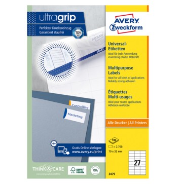 Etichette adesive - permanenti - per stampanti laser/inkjet/copiatrici - 700 x 320 mm - 27 et/fg - 100 fogli - bianco - Avery