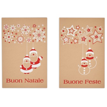 Biglietto Natale doppio - 9 x 14 cm - cartoncino avana - fantasie assortite - Sadoch