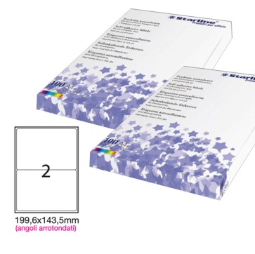 Etichette adesive - in carta - angoli arrotondati - permanenti - 199,6 x 143,5 mm - 2 et/fg - 100 fogli - bianco - Starline