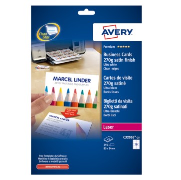 Biglietti da visita - 85 x 54 mm - 270 gr - effetto satinato - bianco - Avery - conf. 25 fogli da 10 biglietti