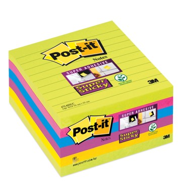 Blocco foglietti Post it  Super Sticky - a righe - colori Ultra - 101 x 101mm - 90 fogli- Post it