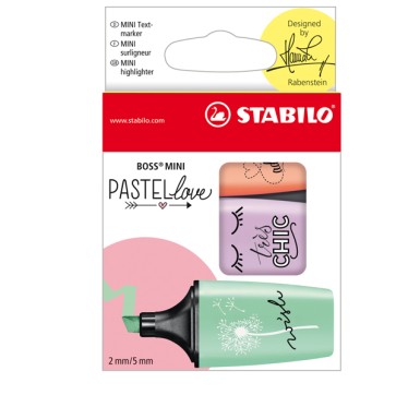Evidenziatore Boss Mini Pastellove - punta a scalpello - tratto 2 - 5 mm - colori assortiti pastel - Stabilo - astuccio 3 pezzi