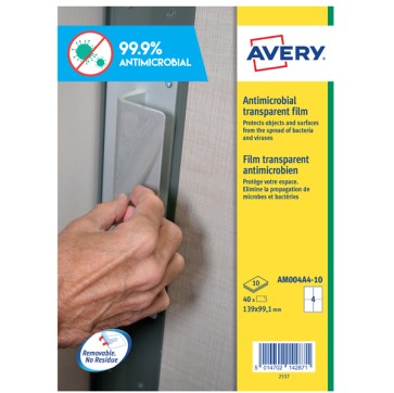 Adesivo antimicrobico - poliestere trasparente - 4 etichette per foglio - Avery - conf. 10 fogli A4