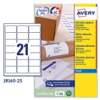 Etichetta adesiva J8160 - permanente - adatta a stampanti inkjet - 63,5x38,1 mm - 21 etichetta per foglio - bianco - Avery - conf. 25 fogli A4
