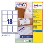Etichetta adesiva J8161 - permanente - adatta a stampanti inkjet - 63,5x46,6 mm - 18 etichette per foglio - bianco - Avery - conf. 25 fogli A4
