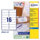 Etichetta adesiva J8162 Avery - bianco - adatta a stampanti inkjet - 99.1x33.9 mm - 16 etichette per foglio - conf. 25 fogli A4