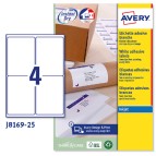 Etichetta adesiva J8169 - permanente - adatta a stampanti inkjet - 99,1x139 mm - 4 etichette per foglio - bianco - Avery - conf. 25 fogli A4