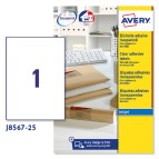 Etichette adesive J8567 - permanenti - per stampanti inkjet - 210 x 297 mm - 1 et/fg - 25 fogli A4 - poliestere - trasparente - Avery