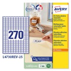 Etichetta adesiva L4730REV - rimovibile - adatta a stampanti laser - 17,8x10 mm - 270 etichette per foglio - bianco - Avery - conf. 25 fogli A4