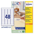 Etichette adesive L4736REV - rimovibili - per stampanti laser - 45,7 x 21,2 mm - 48 et/fg - 25 fogli A4 - bianco - Avery