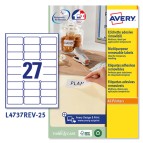 Etichetta adesiva L4737REV - removibili - adatta a stampanti laser - 63,5x29,6 mm - 27 etichette per foglio - bianco - Avery - conf. 25 fogli A4