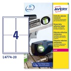 Etichette adesive L4774 - permanenti - per stampanti laser - 99,1 x 139 mm - 4 et/fg - 20 fogli A4 - poliestere - bianco - Avery