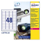 Etichette adesive L4778 - permanenti - per stampanti laser - 45,7 x 21,2 mm - 48 et/fg - 20 fogli A4 - poliestere - bianco - Avery